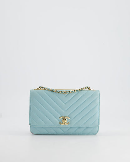 Chanel Tiffany Blue Chevron Quilted Trendy Wallet on Chain Bag in Lambskin Leather with Champagne Gold Hardware