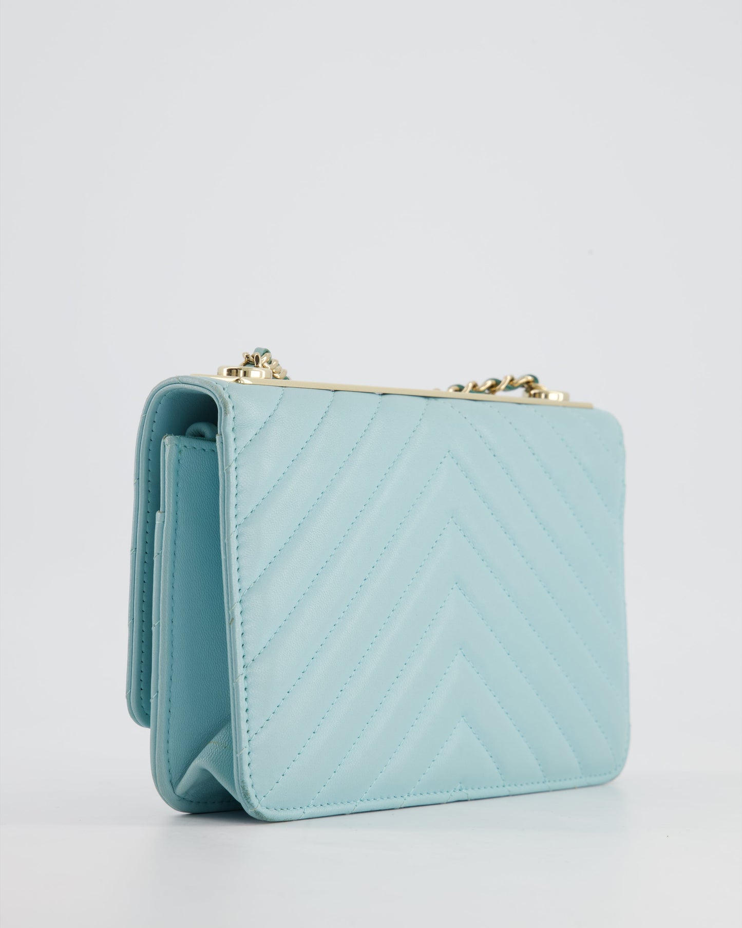 Chanel Tiffany Blue Chevron Quilted Trendy Wallet on Chain Bag in Lambskin Leather with Champagne Gold Hardware