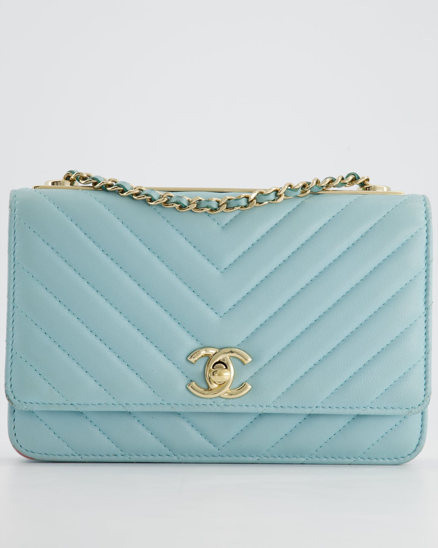 Chanel Tiffany Blue Chevron Quilted Trendy Wallet on Chain Bag in Lambskin Leather with Champagne Gold Hardware