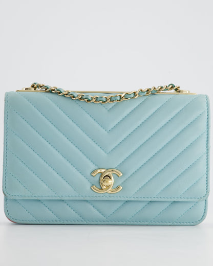 Chanel Tiffany Blue Chevron Quilted Trendy Wallet on Chain Bag in Lambskin Leather with Champagne Gold Hardware