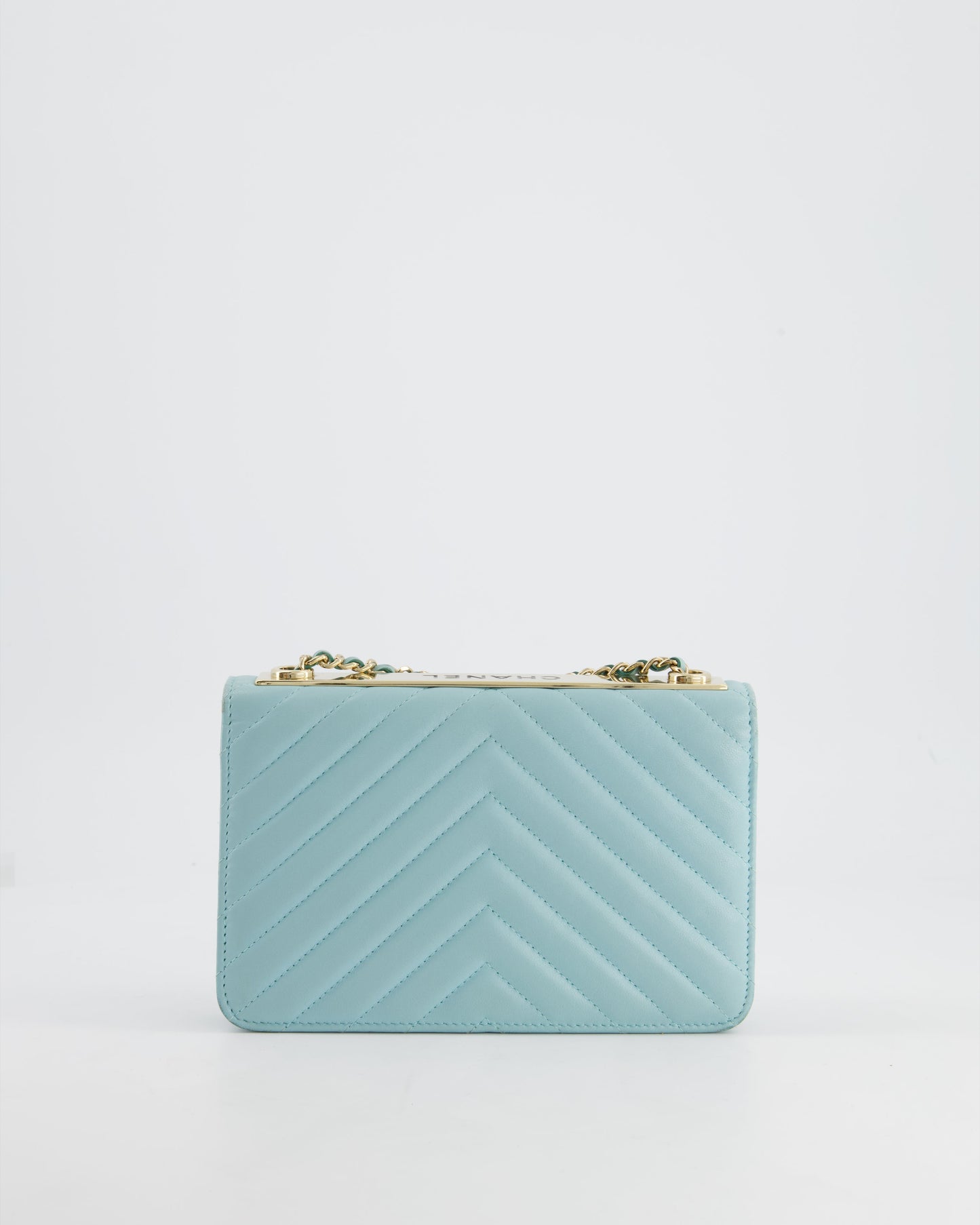 Chanel Tiffany Blue Chevron Quilted Trendy Wallet on Chain Bag in Lambskin Leather with Champagne Gold Hardware