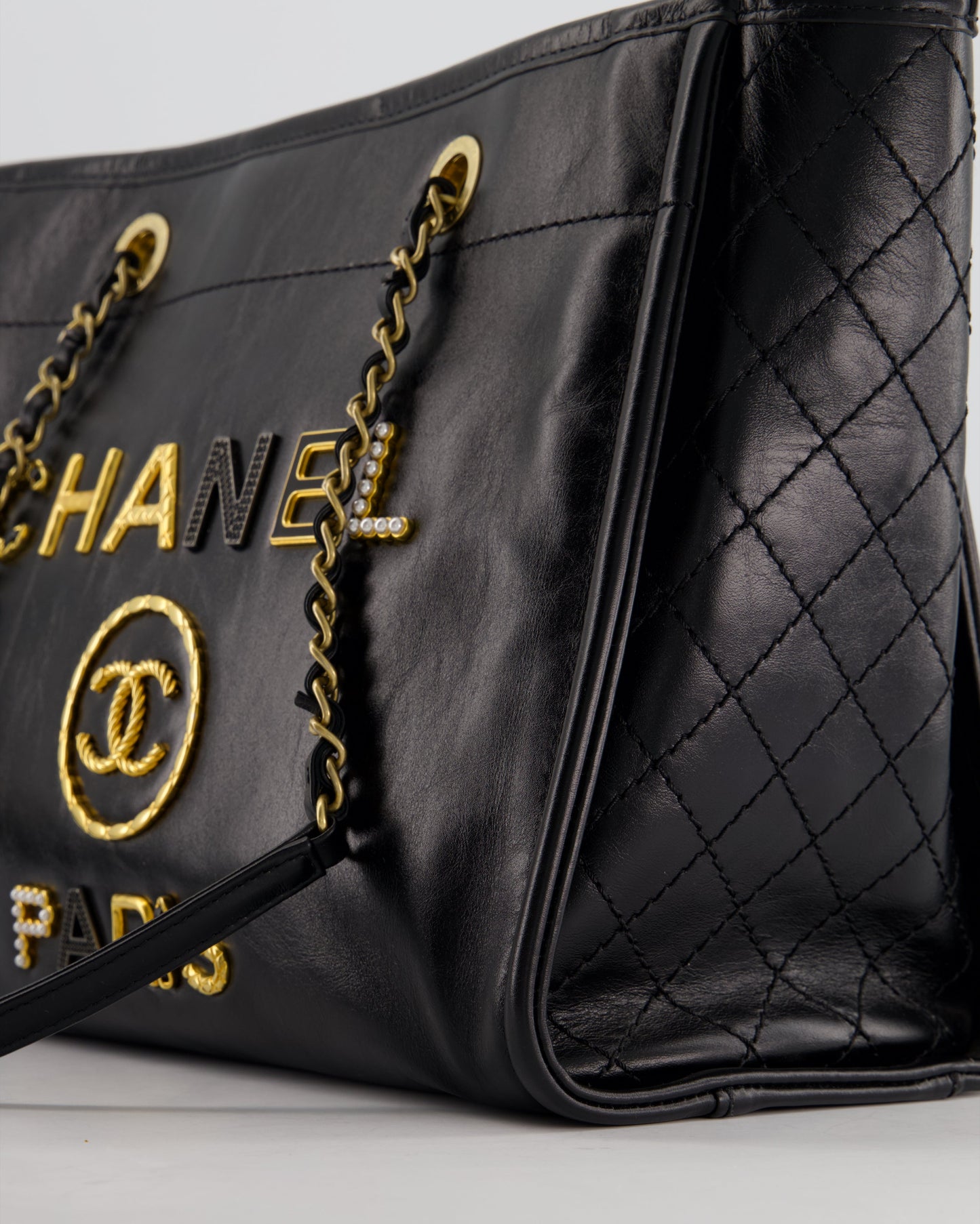 *HOT* Chanel Black Small Deauville Tote Bag in Shiny Calfskin Leather with Antique Gold Hardware and Pearl, Crystal Logo Detail