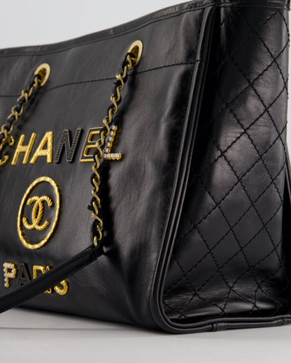 *HOT* Chanel Black Small Deauville Tote Bag in Shiny Calfskin Leather with Antique Gold Hardware and Pearl, Crystal Logo Detail
