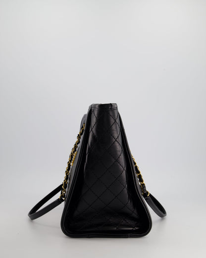 *HOT* Chanel Black Small Deauville Tote Bag in Shiny Calfskin Leather with Antique Gold Hardware and Pearl, Crystal Logo Detail