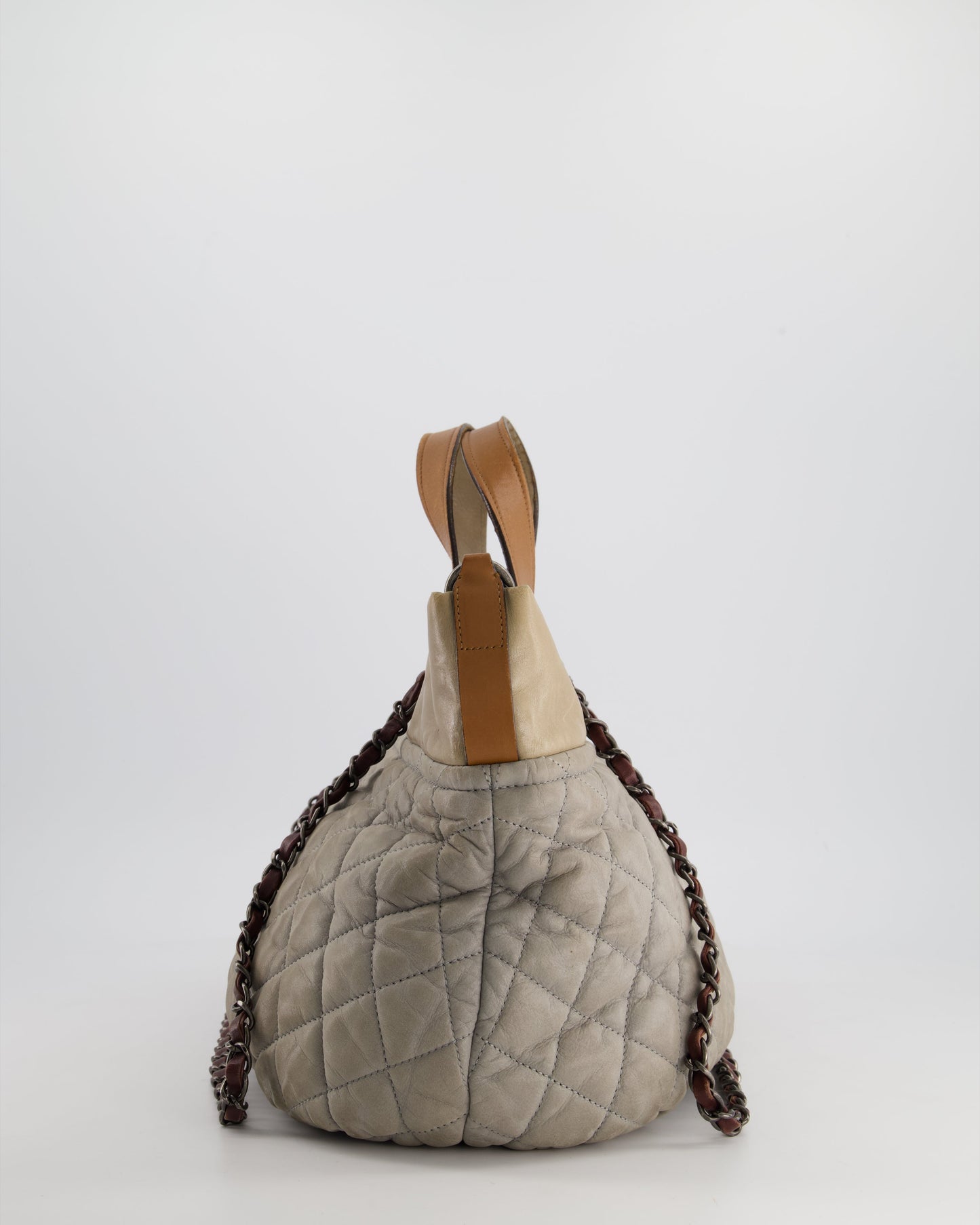 Chanel Stormy Grey Nubuck Leather Portobello Tote Bag with Tan Leather Handle and Ruthenium Hardware