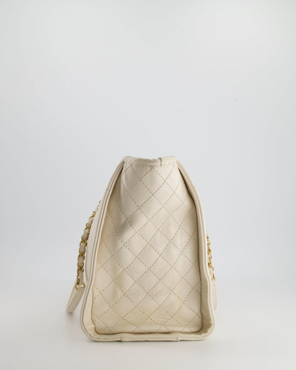 *HOT* Chanel White Small Deauville Tote Bag in Aged Calfskin Leather with Antique Gold Hardware and Pearl, Crystal Logo Detail