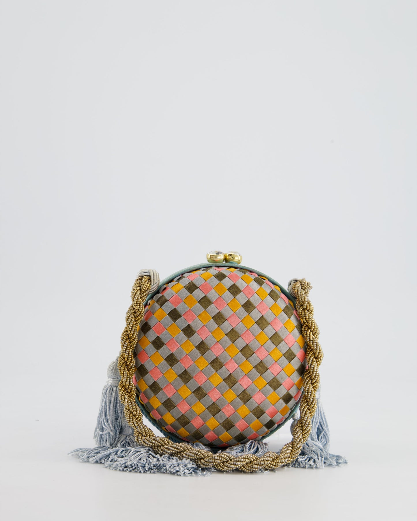 Bottega Veneta Blue and Orange Intrecciato Woven Circular Bag with Gold Strap and Blue Tassels