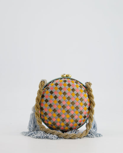 Bottega Veneta Blue and Orange Intrecciato Woven Circular Bag with Gold Strap and Blue Tassels