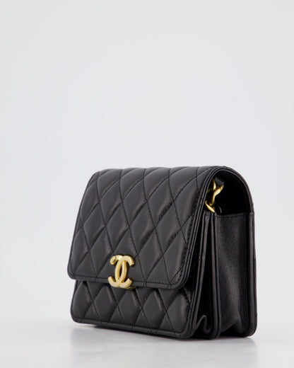 *HOT* Chanel Black Mini Seasonal Flap Bag In Lambskin Leather with Gold & Black Hardware