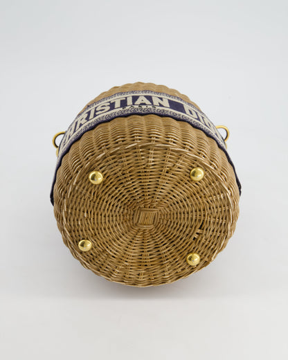 Christian Dior Dioriviera Bucket Bag in Natural Wicker and Blue Canvas With Gold Hardware
