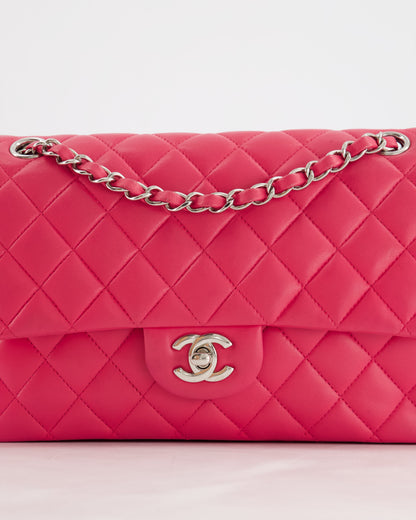 Chanel Hot Pink Medium Classic Double Flap Bag in Lambskin Leather with Silver Hardware