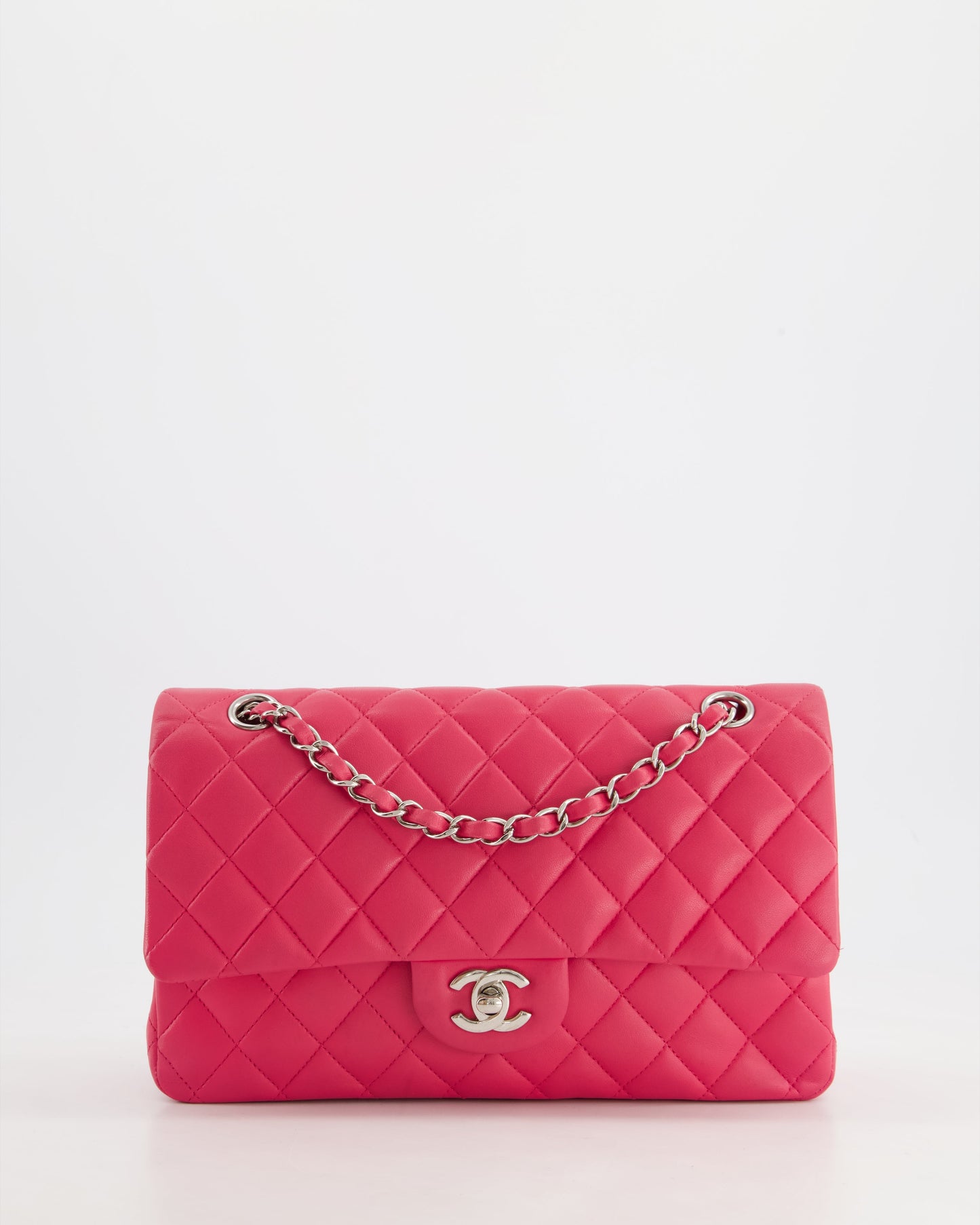 Chanel Hot Pink Medium Classic Double Flap Bag in Lambskin Leather with Silver Hardware