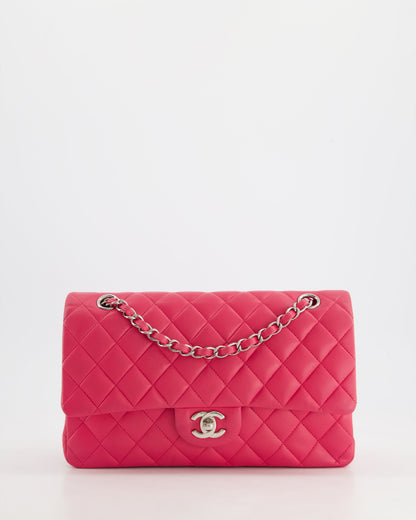 Chanel Hot Pink Medium Classic Double Flap Bag in Lambskin Leather with Silver Hardware