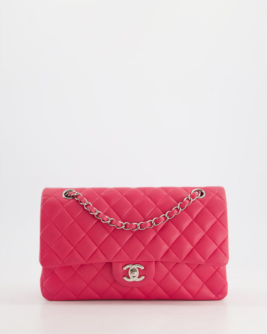 Chanel Hot Pink Medium Classic Double Flap Bag in Lambskin Leather with Silver Hardware