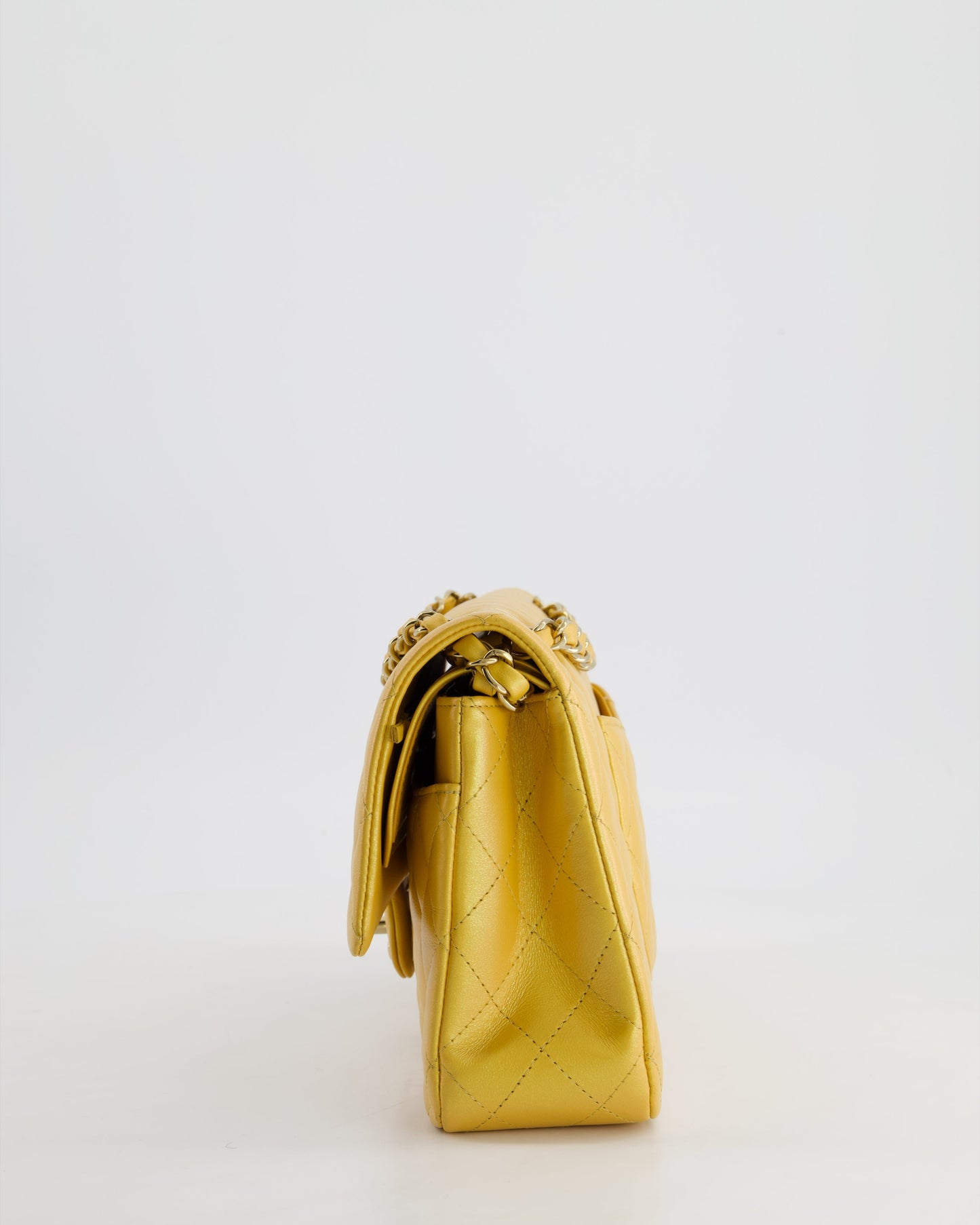 *HOT* Chanel Iridescent Mustard Yellow Medium Double Flap Bag in Lambskin Leather with Champagne Gold Hardware