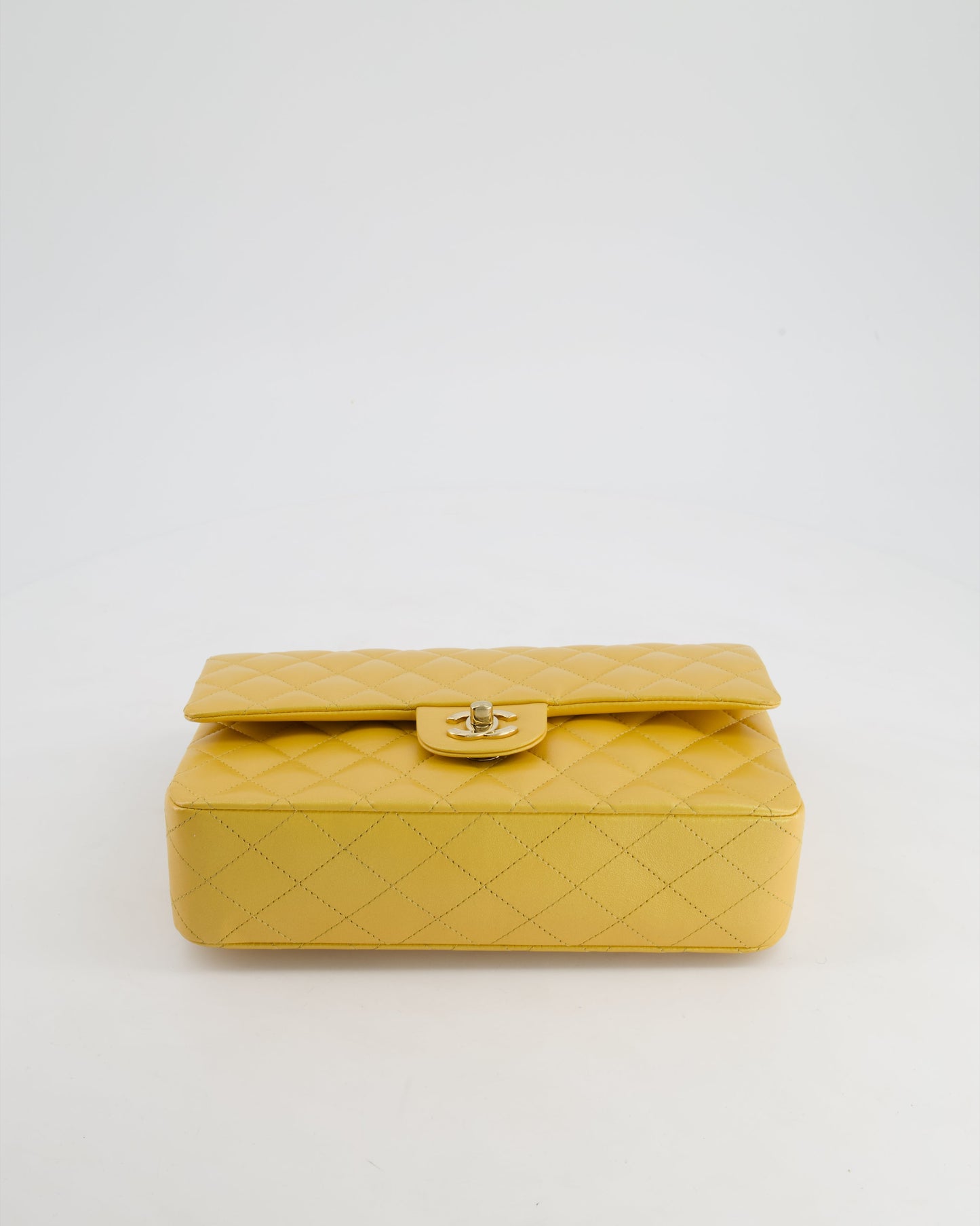 *HOT* Chanel Iridescent Mustard Yellow Medium Double Flap Bag in Lambskin Leather with Champagne Gold Hardware