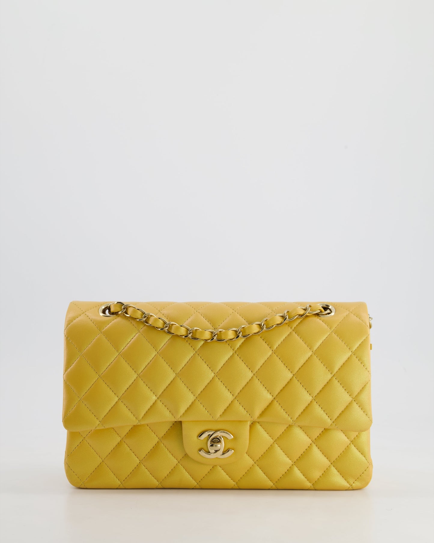 *HOT* Chanel Iridescent Mustard Yellow Medium Double Flap Bag in Lambskin Leather with Champagne Gold Hardware