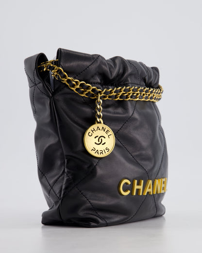 Chanel 22 Mini Hobo Bag in Black Shiny Lambskin with Brushed Gold Hardware
