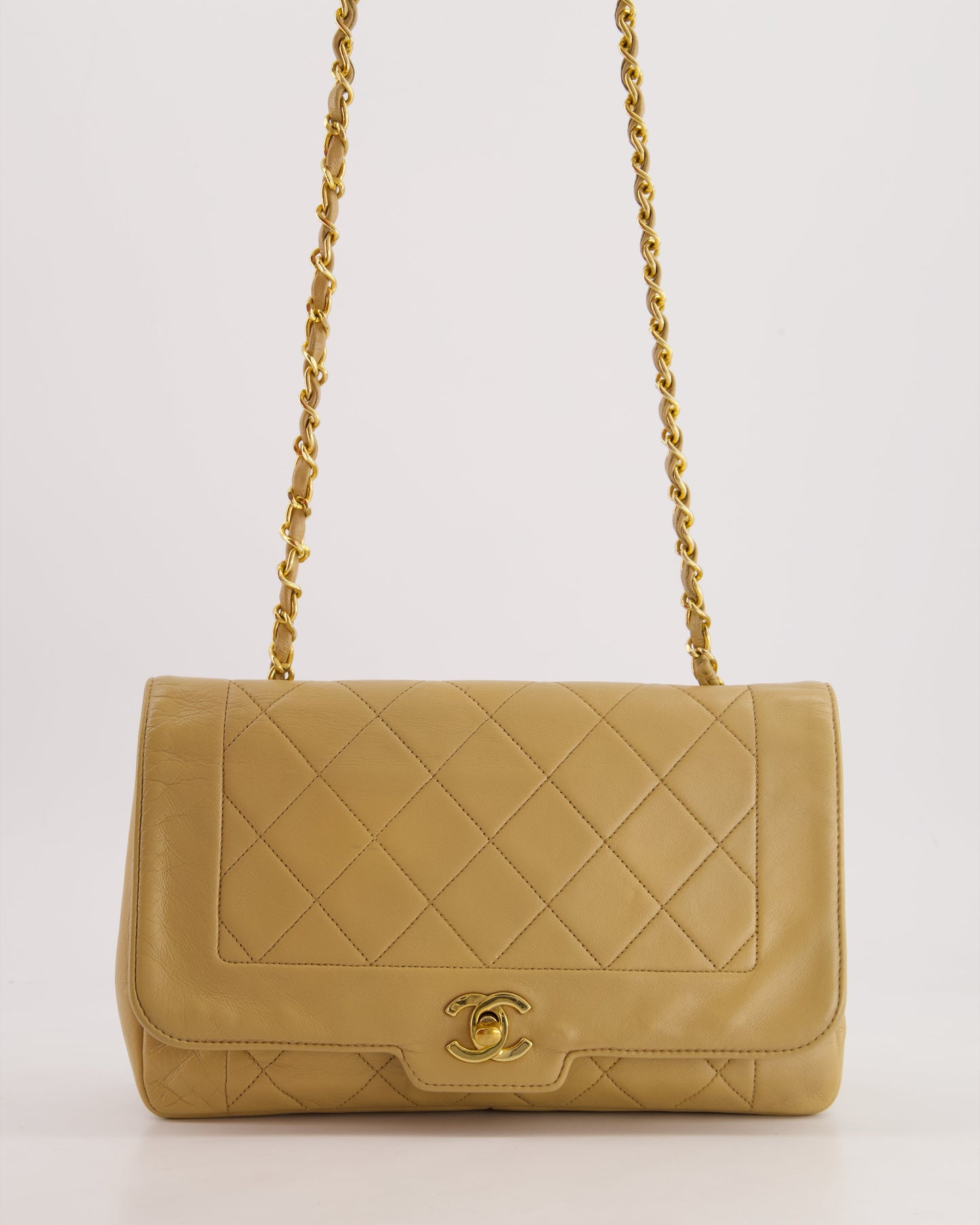 Chanel Vintage Beige Diana Flap Bag in Lambskin Leather with 24K Gold Hardware