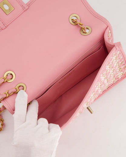 Chanel 23C Pink Woven Flap Bag with Leather Edge Detail and Brushed Gold Hardware