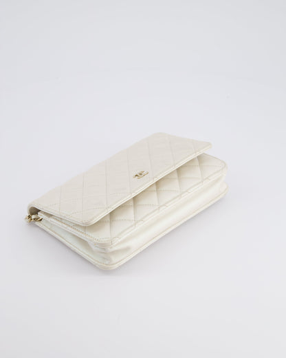 *HOT* Chanel Pearlescent Off-White Wallet on Chain Bag in Calfskin Leather with Champagne Gold Hardware