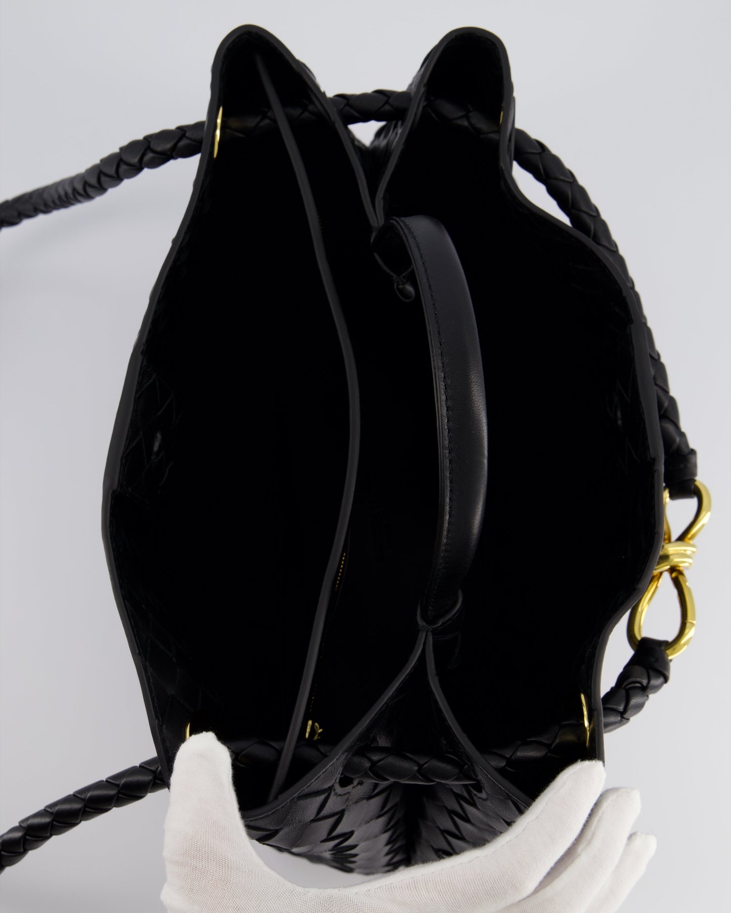 Bottega Veneta Black Andiamo Medium Intrecciato Leather Top Handle Bag with Sliding Cross-Body and Gold Knot Hardware RRP £4,030
