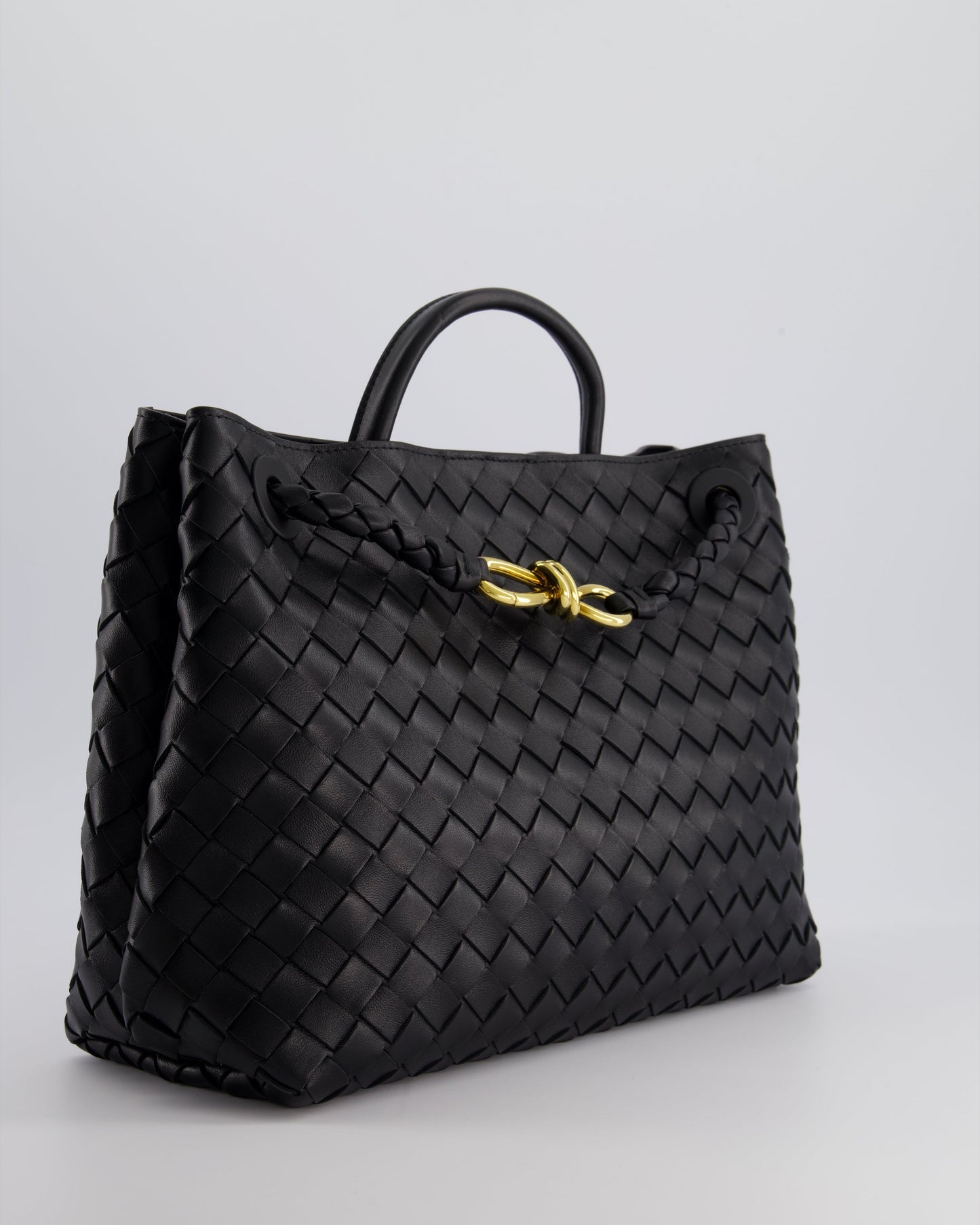 Bottega Veneta Black Andiamo Medium Intrecciato Leather Top Handle Bag with Sliding Cross-Body and Gold Knot Hardware RRP £4,030