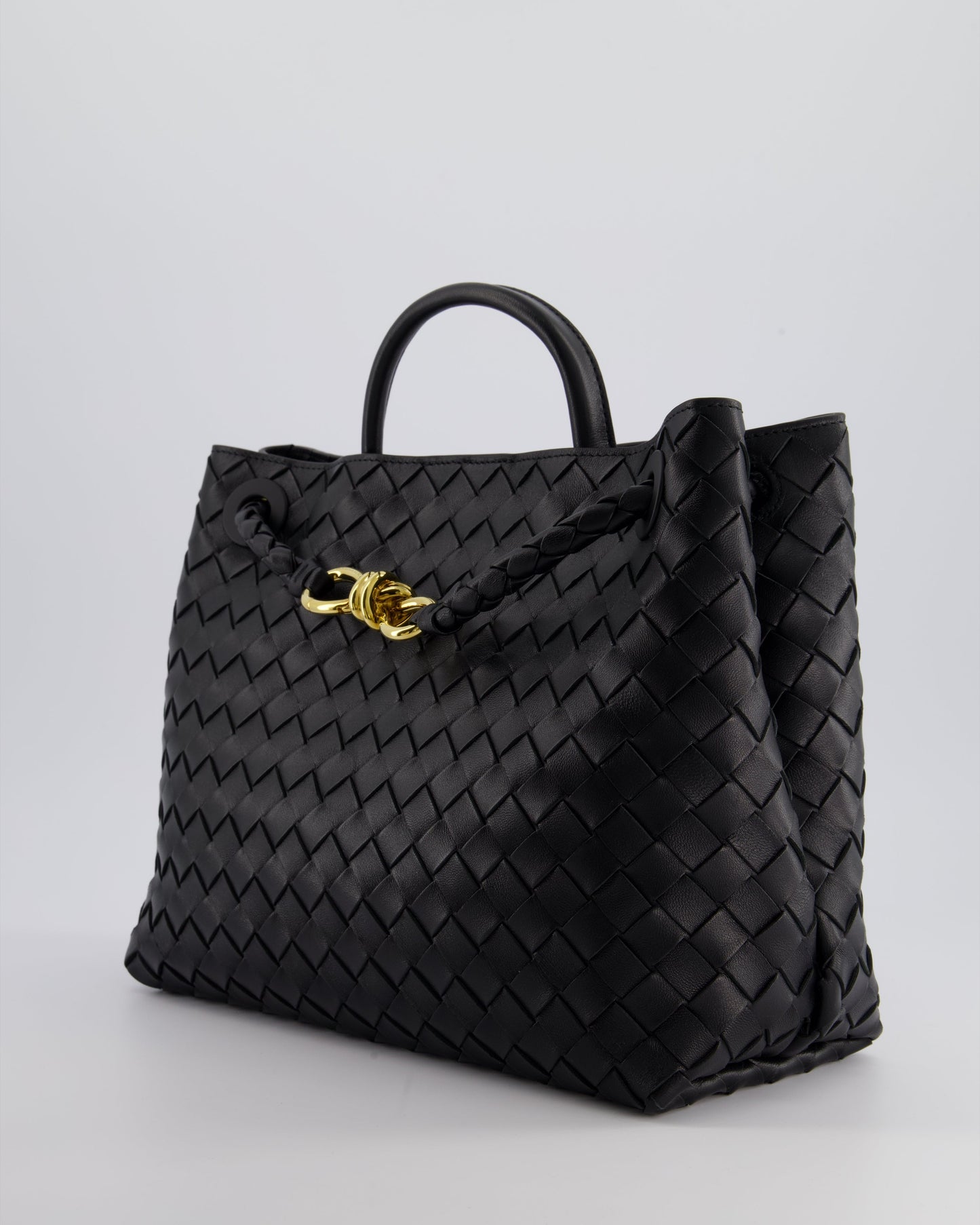 Bottega Veneta Black Andiamo Medium Intrecciato Leather Top Handle Bag with Sliding Cross-Body and Gold Knot Hardware RRP £4,030