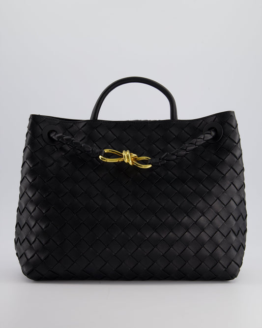 Bottega Veneta Black Andiamo Medium Intrecciato Leather Top Handle Bag with Sliding Cross-Body and Gold Knot Hardware RRP £4,030
