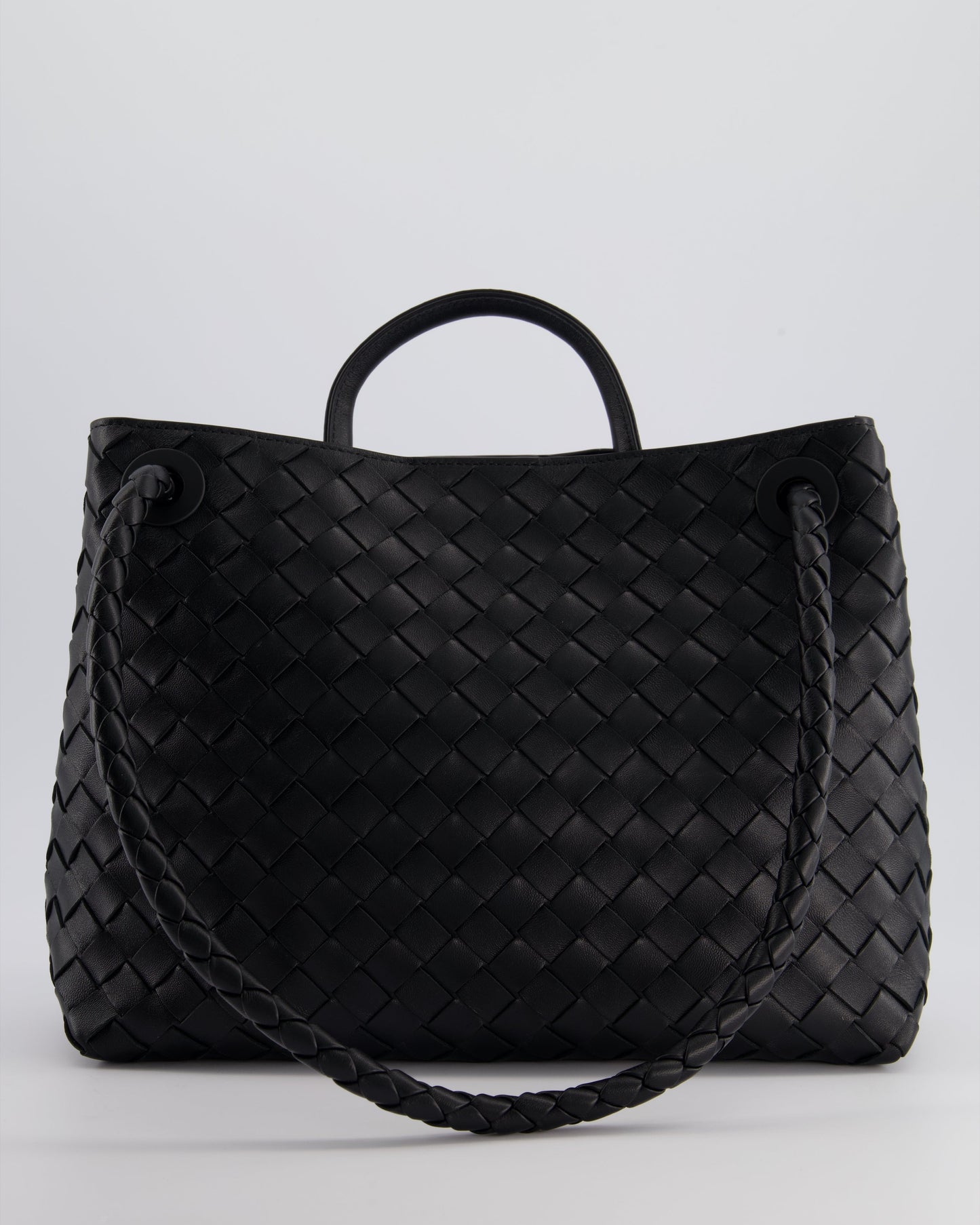Bottega Veneta Black Andiamo Medium Intrecciato Leather Top Handle Bag with Sliding Cross-Body and Gold Knot Hardware RRP £4,030
