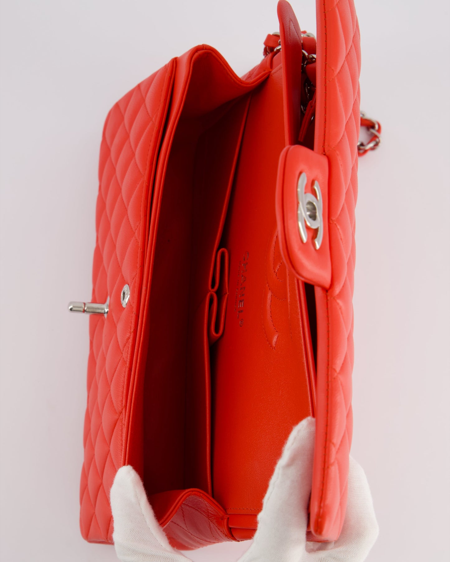 Chanel Scarlet Red Medium Classic Double Flap Bag in Lambskin Leather with Silver Hardware