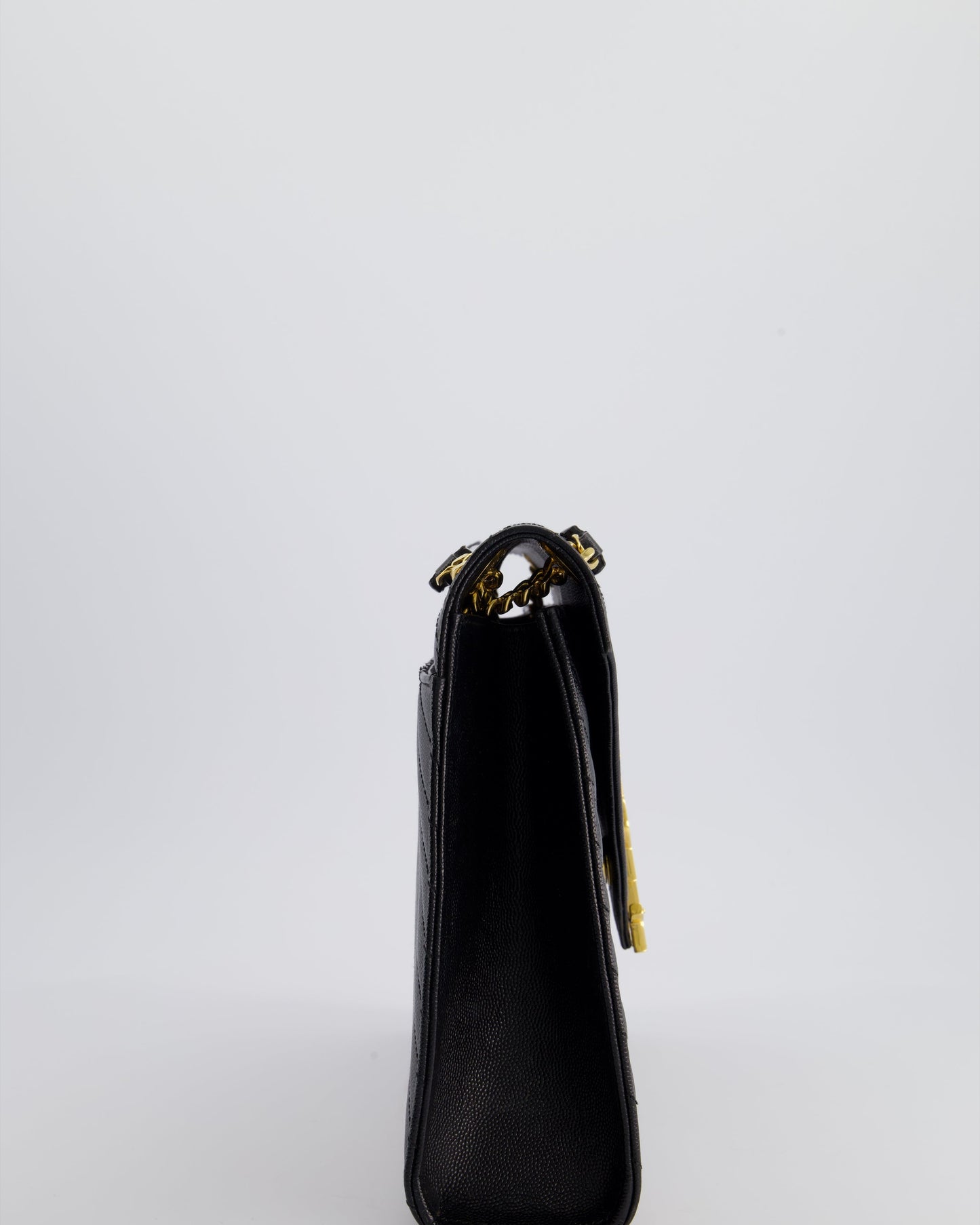 Saint Laurent Black Envelope Shoulder Bag in Grained Calfskin Leather With Gold Hardware