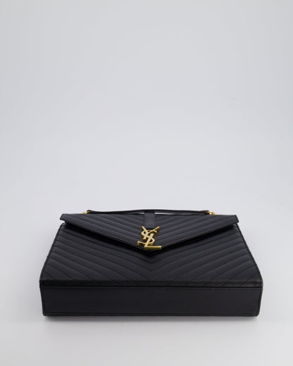 Saint Laurent Black Envelope Shoulder Bag in Grained Calfskin Leather With Gold Hardware