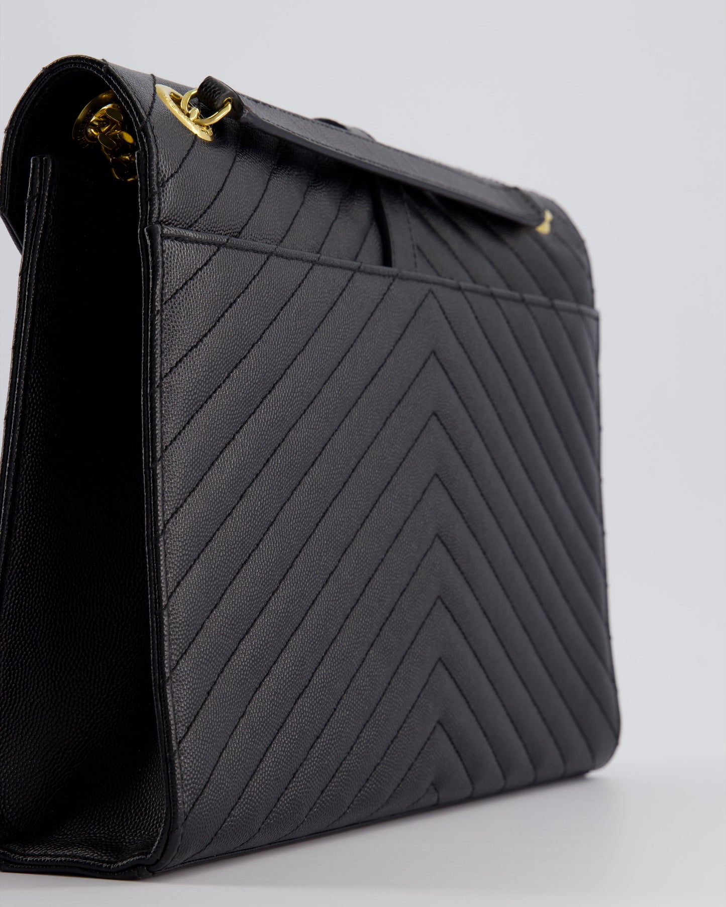 Saint Laurent Black Envelope Shoulder Bag in Grained Calfskin Leather With Gold Hardware