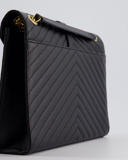 Saint Laurent Black Envelope Shoulder Bag in Grained Calfskin Leather With Gold Hardware