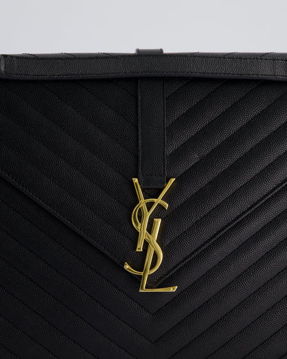 Saint Laurent Black Envelope Shoulder Bag in Grained Calfskin Leather With Gold Hardware