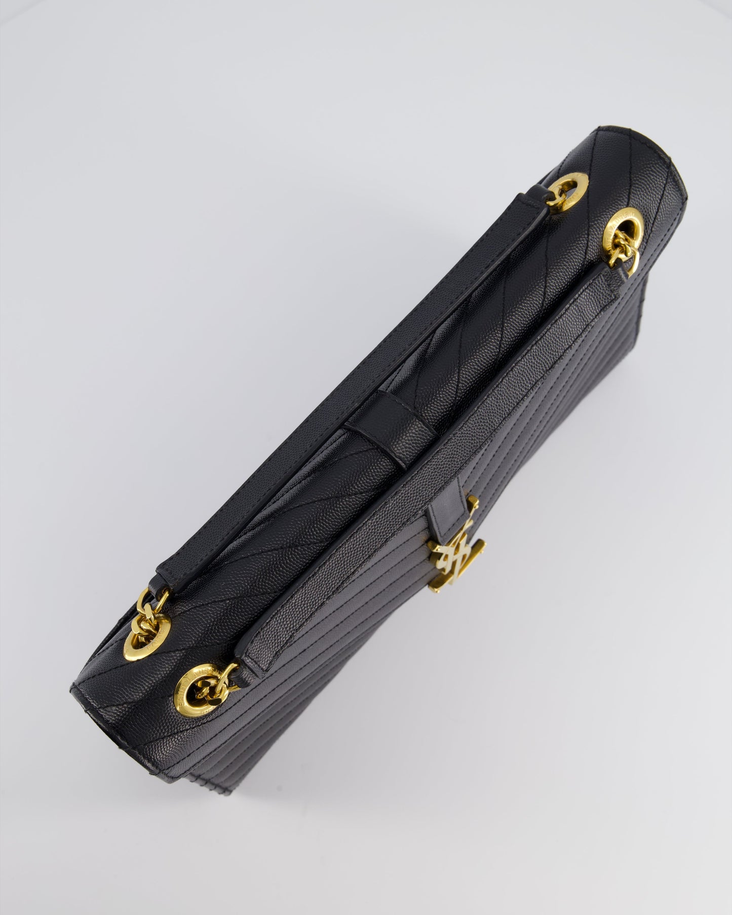 Saint Laurent Black Envelope Shoulder Bag in Grained Calfskin Leather With Gold Hardware