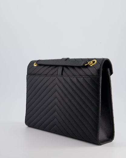 Saint Laurent Black Envelope Shoulder Bag in Grained Calfskin Leather With Gold Hardware