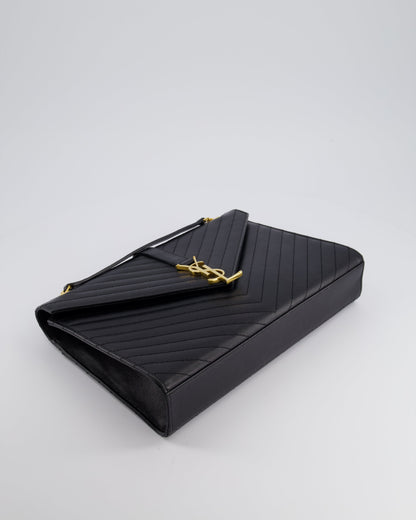Saint Laurent Black Envelope Shoulder Bag in Grained Calfskin Leather With Gold Hardware