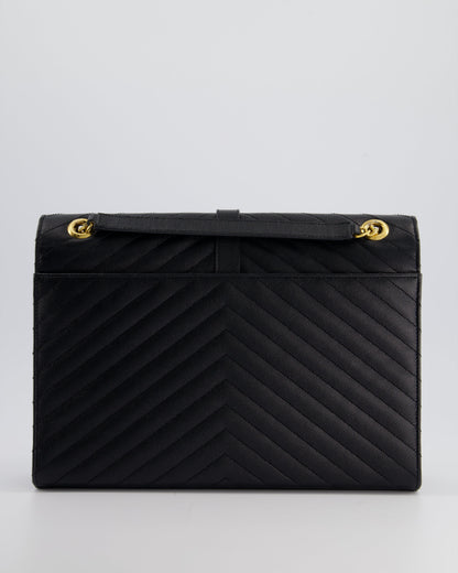 Saint Laurent Black Envelope Shoulder Bag in Grained Calfskin Leather With Gold Hardware
