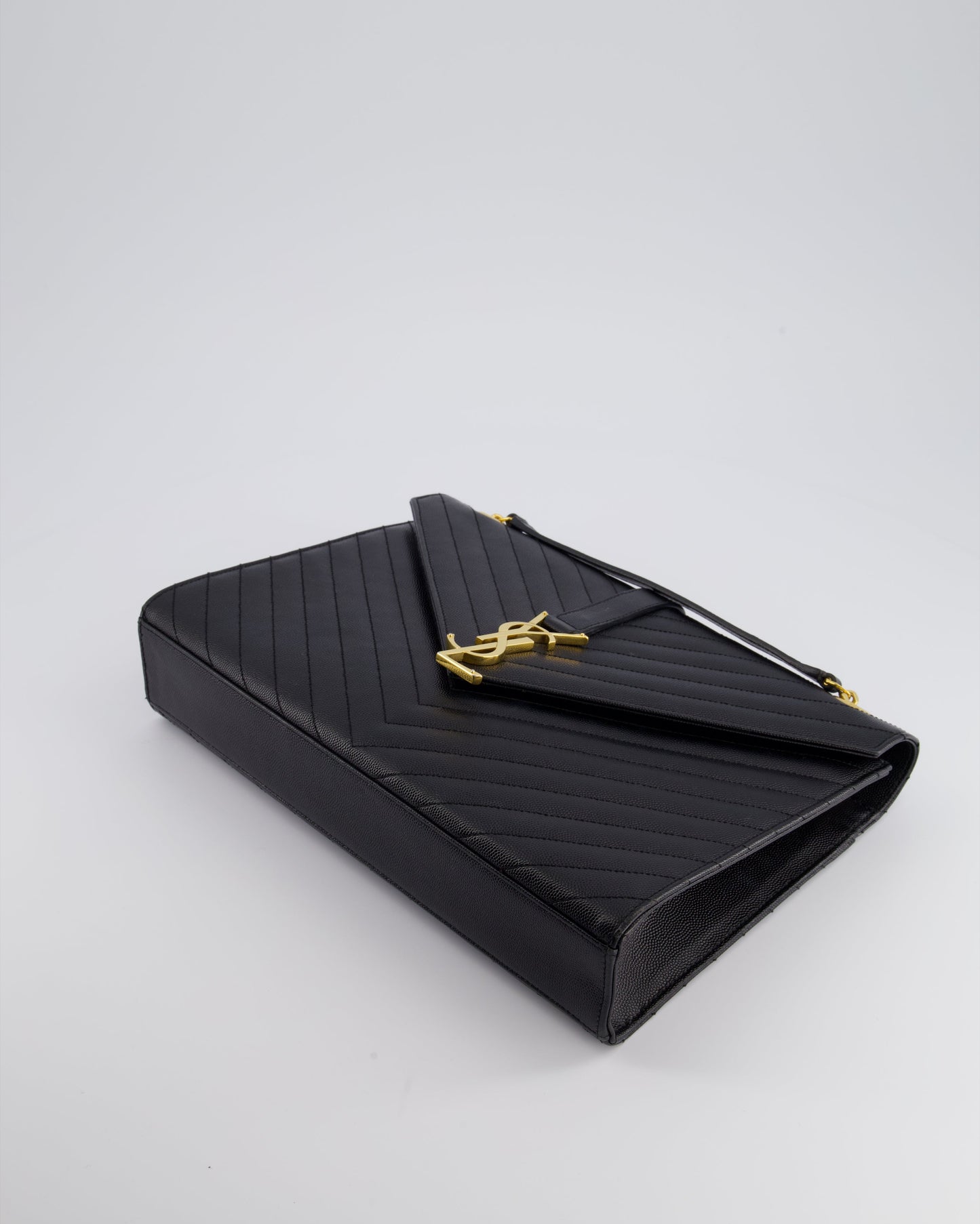 Saint Laurent Black Envelope Shoulder Bag in Grained Calfskin Leather With Gold Hardware