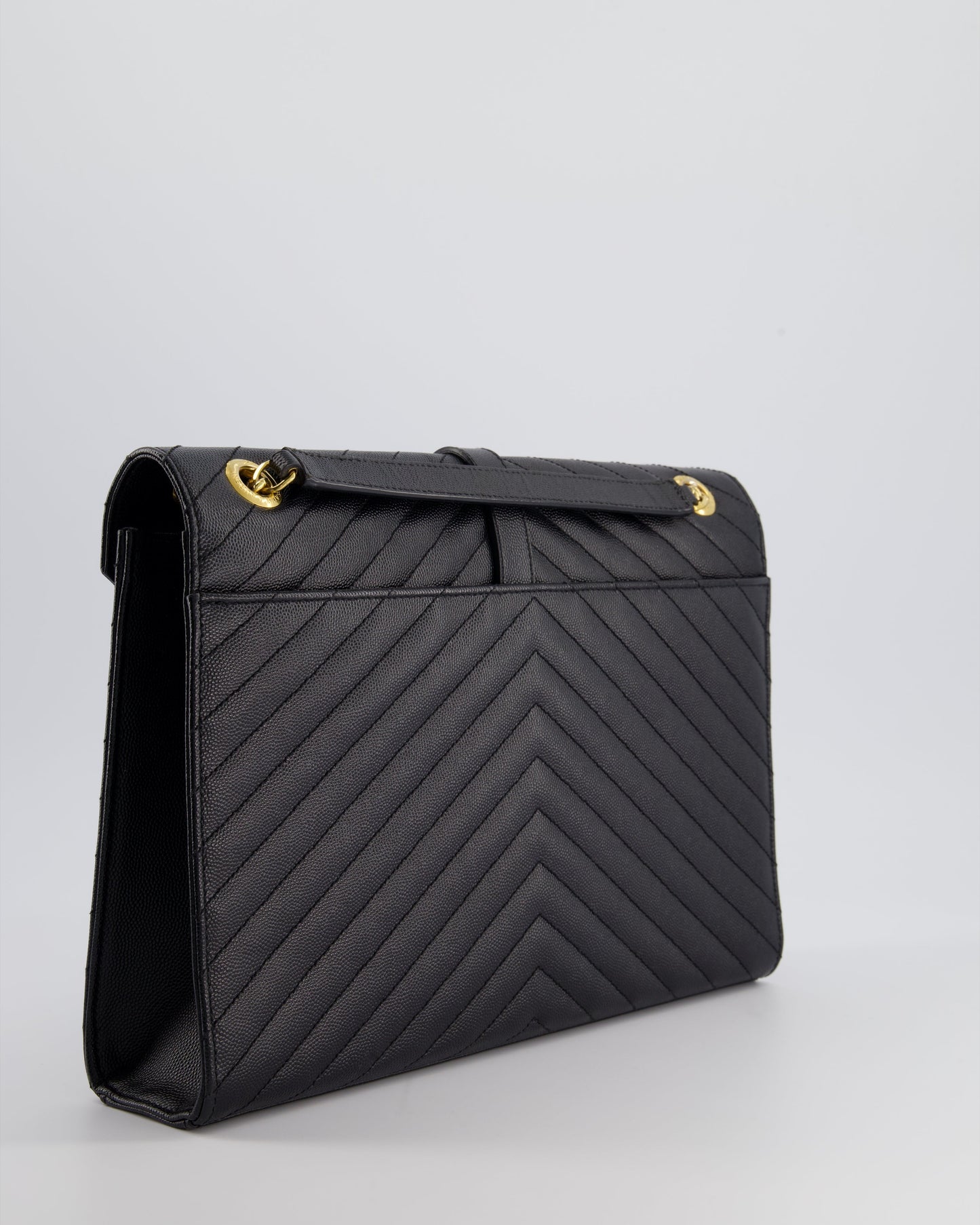 Saint Laurent Black Envelope Shoulder Bag in Grained Calfskin Leather With Gold Hardware