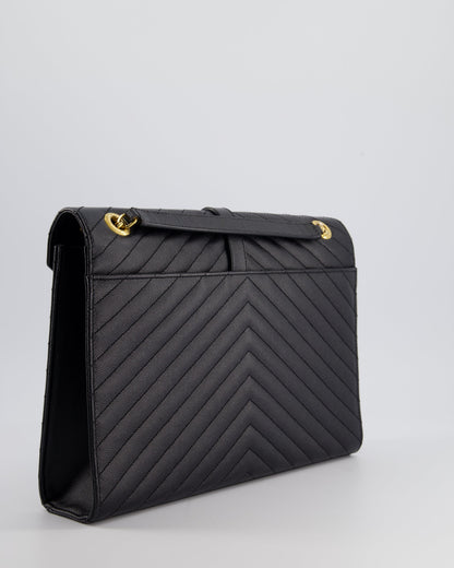 Saint Laurent Black Envelope Shoulder Bag in Grained Calfskin Leather With Gold Hardware