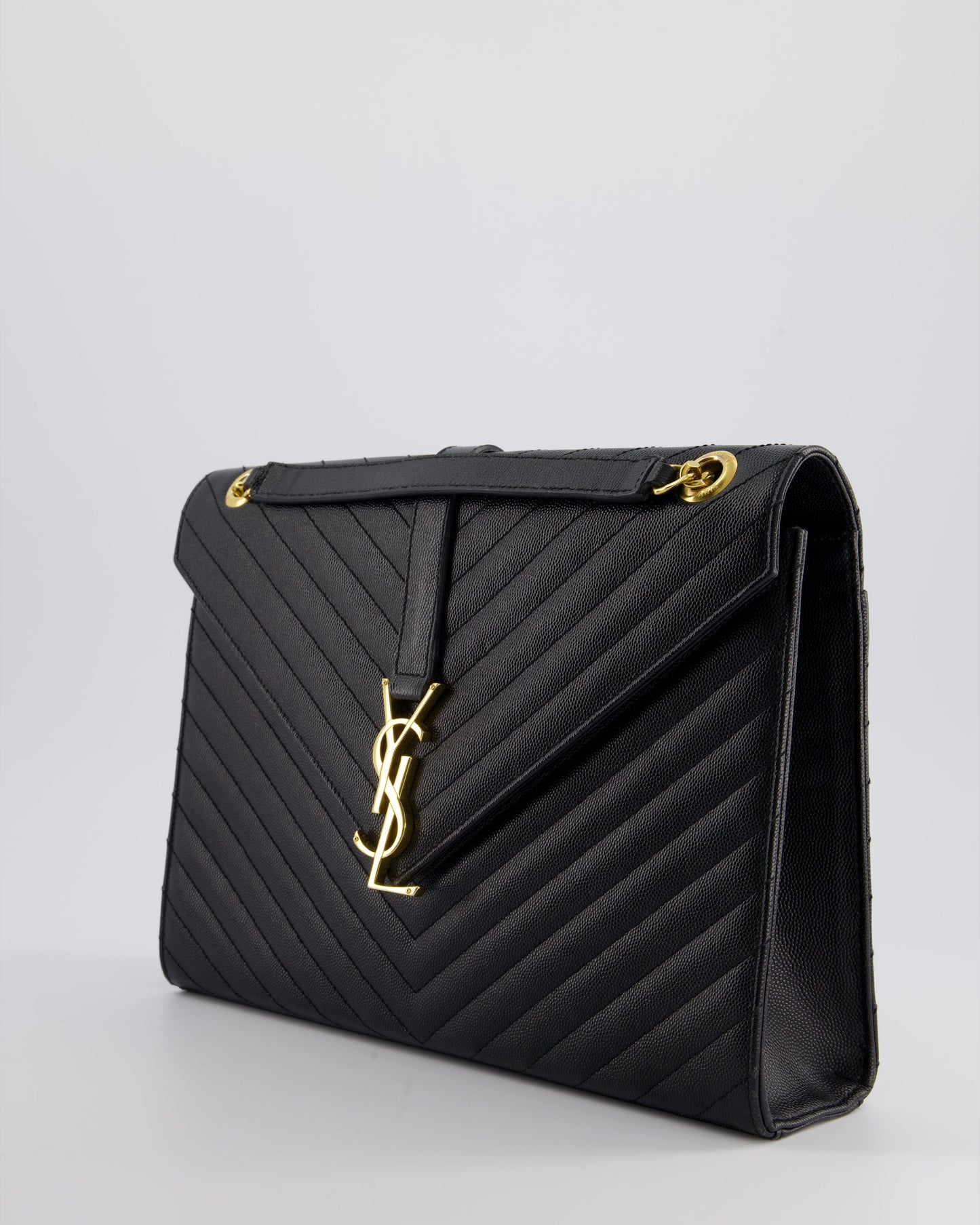 Saint Laurent Black Envelope Shoulder Bag in Grained Calfskin Leather With Gold Hardware
