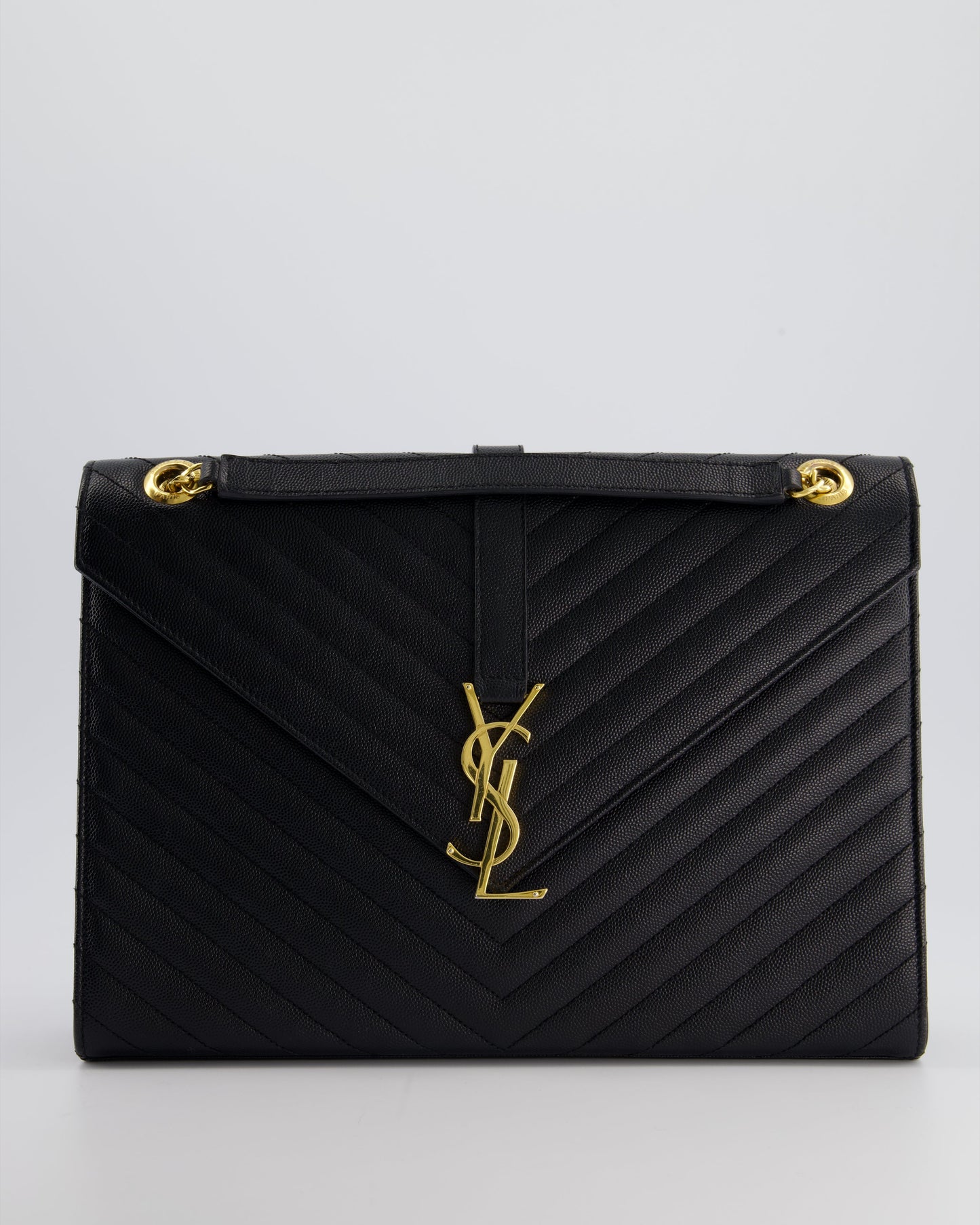 Saint Laurent Black Envelope Shoulder Bag in Grained Calfskin Leather With Gold Hardware