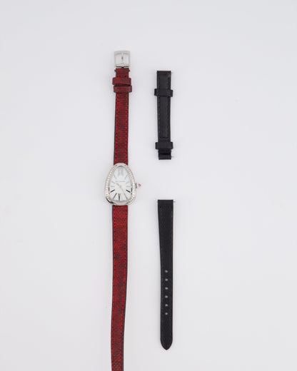 Bvlgari Stainless Steel & Diamond Serpenti Watch 32mm with Red Python Strap