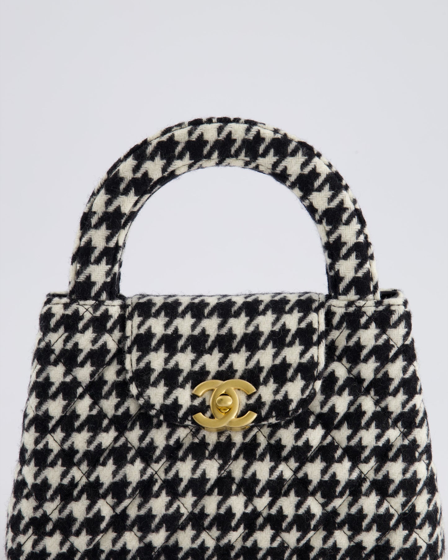 *HOT* Chanel Small Kelly Shopping Bag in Black & White Wool Houndstooth with Brushed Antique Gold Hardware