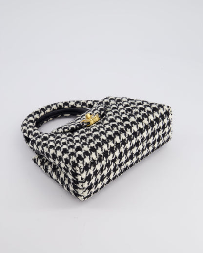 *HOT* Chanel Small Kelly Shopping Bag in Black & White Wool Houndstooth with Brushed Antique Gold Hardware