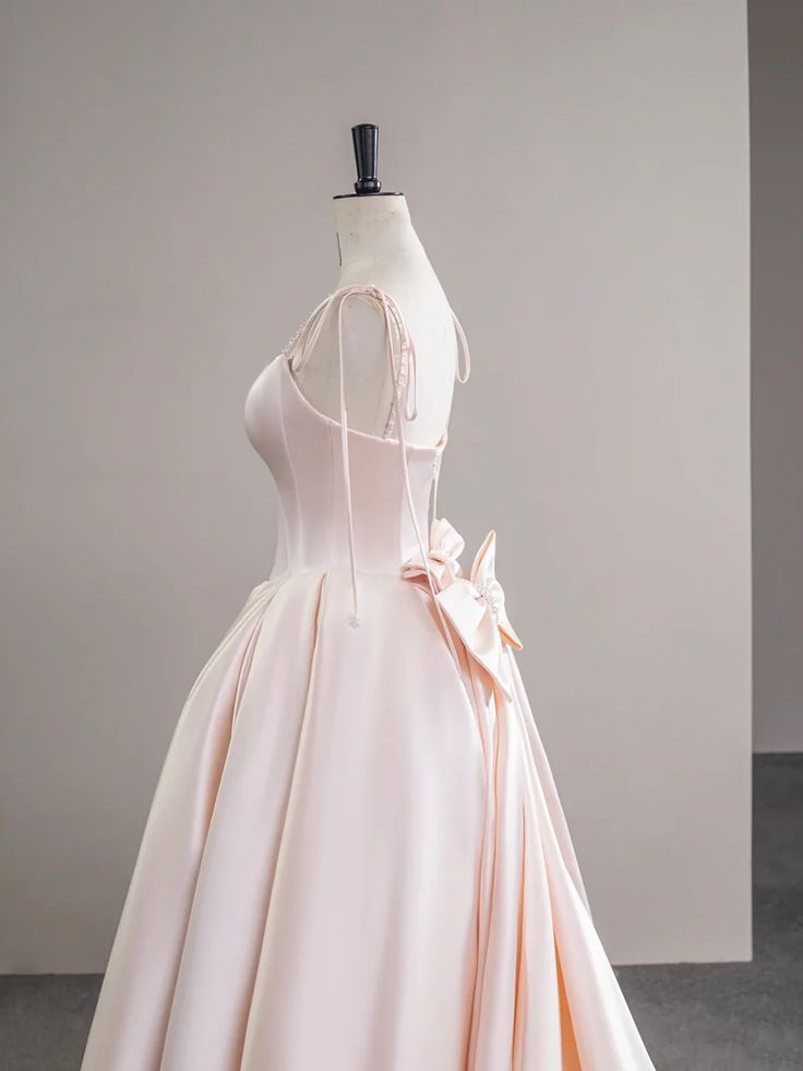 Light Pink Satin Spaghetti Strap Long Prom Dress, Beautiful Evening Dress with Bow P2415