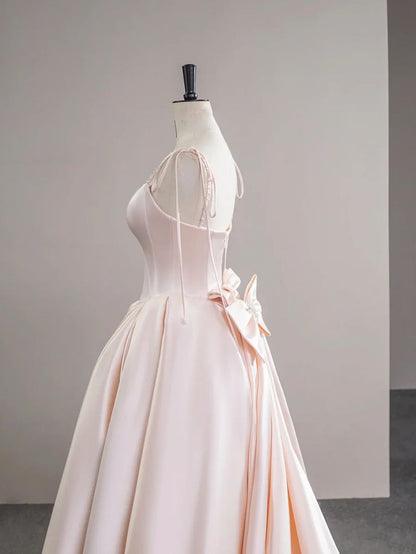 Light Pink Satin Spaghetti Strap Long Prom Dress, Beautiful Evening Dress with Bow P2415